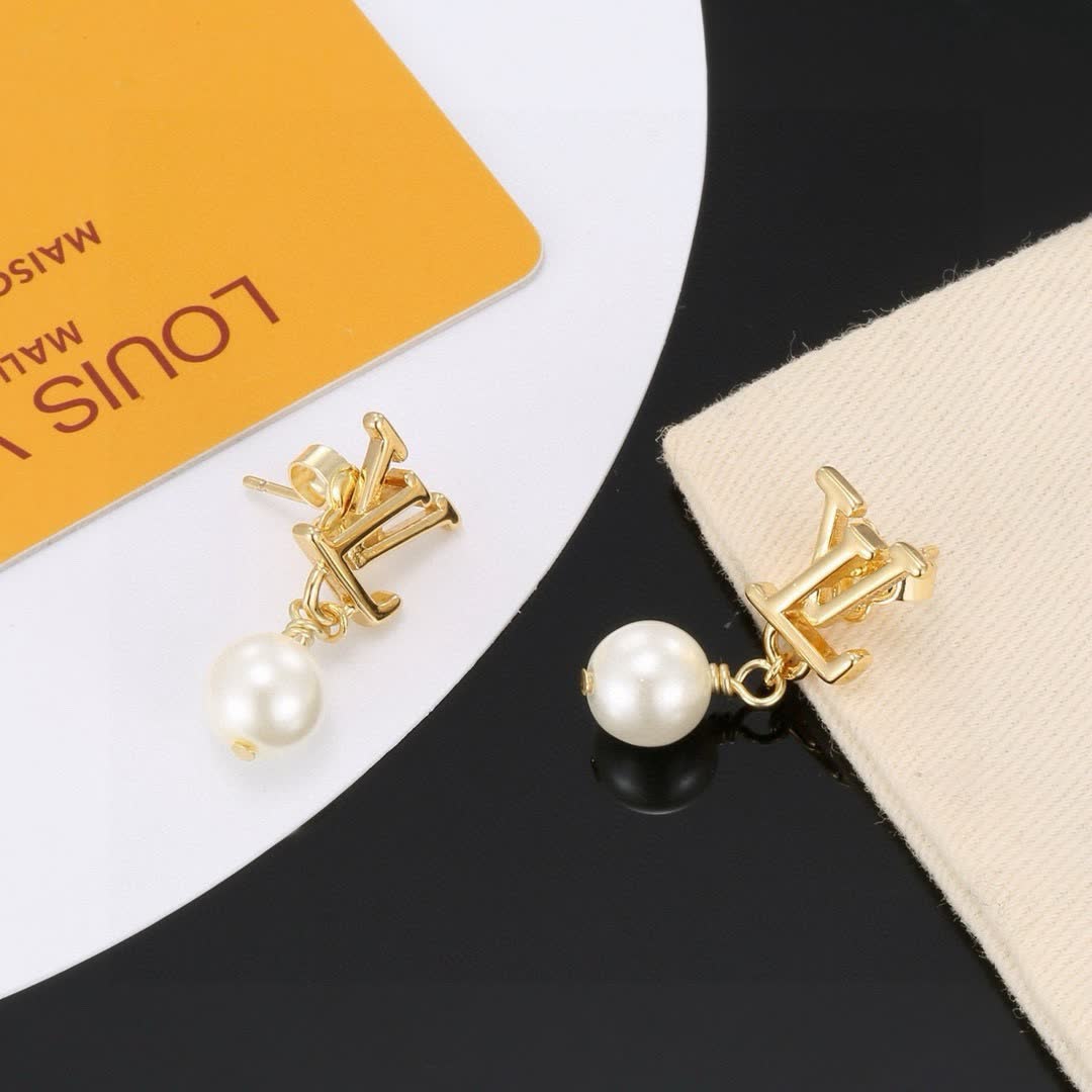 Louis Vuitton Gold 'LV' Logo Pearl Drop Earrings